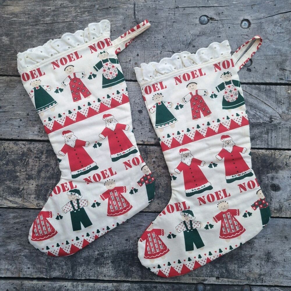 Vintage Christmas Stockings Handmade Traditional Noel Santa Decor Xmas Set Of 2